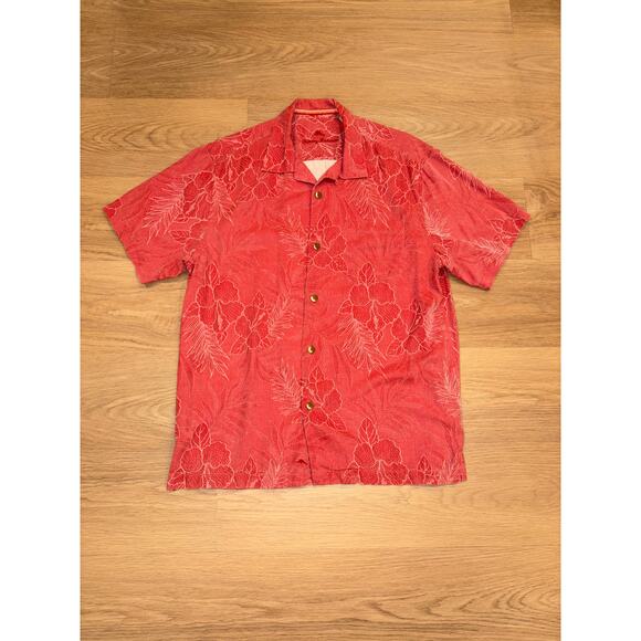 Tommy Bahama red 100% silk short sleeve button up with wooden beads mens size M - Picture 1 of 5
